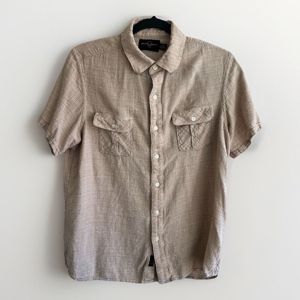 Black Brown 1826 Shirt Mens Large Short Sleeve Button Up Shirt Linen Blend